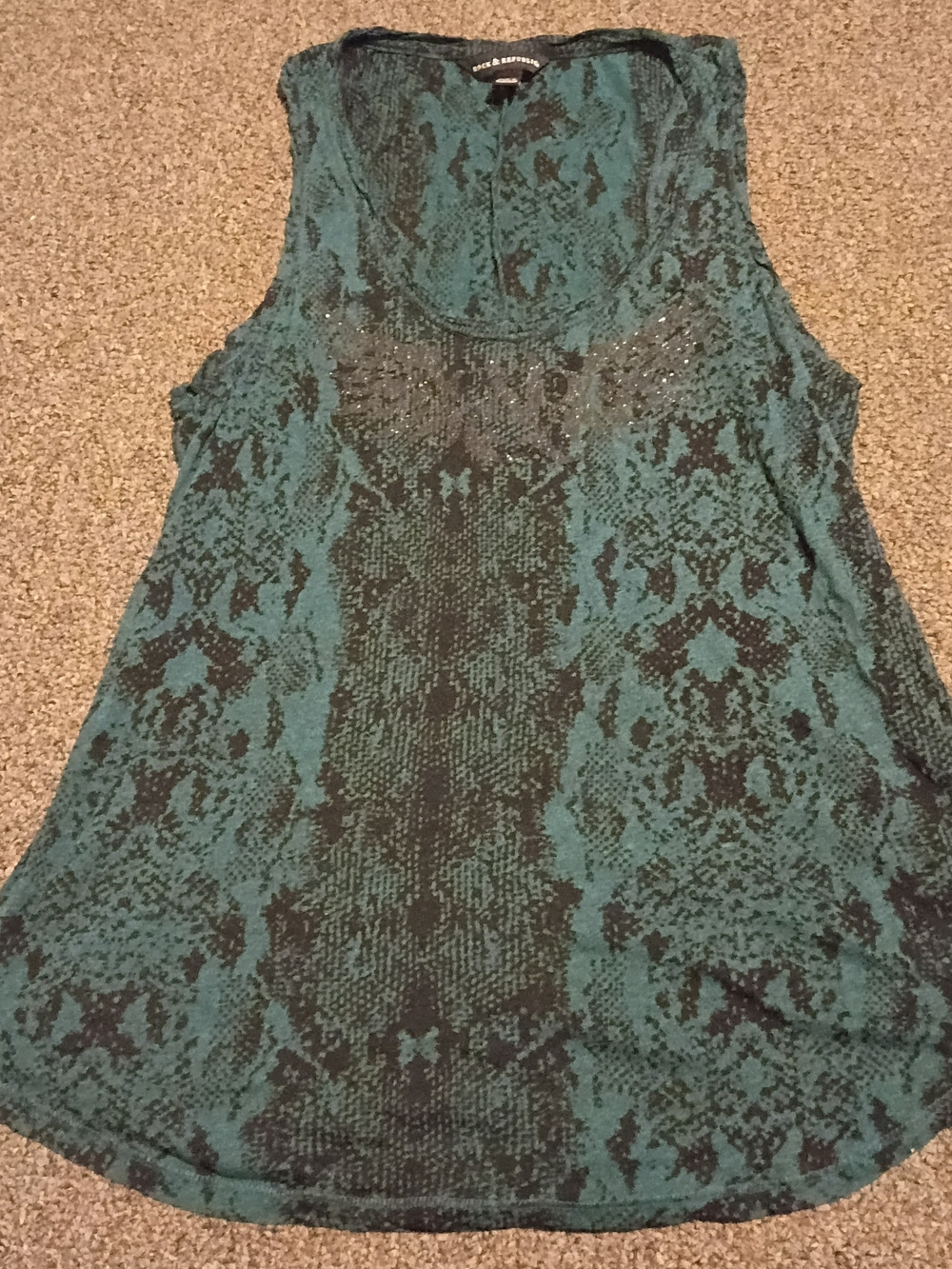 Rock & Republic Teal and Black Printed Sleeveless Tank with Stud Detail